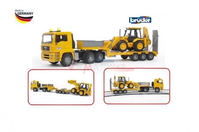 Camion Bruder MAN semi-remorque surbaissé avec Tractopelle JCB 4CX Camion Bruder MAN semi-remorque surbaissé avec Tractopelle JCB 4CX